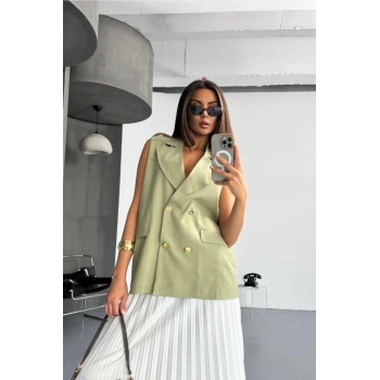 GOLD DÜĞMELİ KETEN YELEK - Yeşil