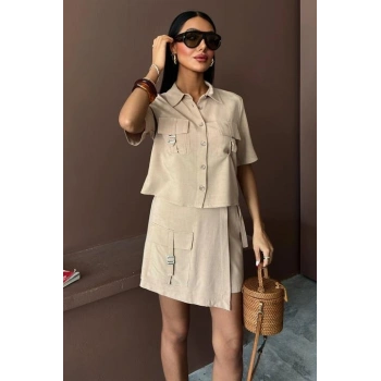 Gömlek Şort Etek Viscon Keten Takım 10162