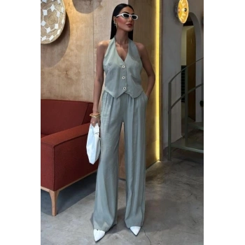 Halter Yaka Yelekli Modal Takım 10144