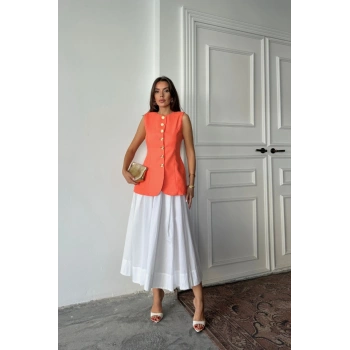 JAKAR KETEN YELEK BELDEN OTURTMALI GOLD DÜĞMELİ - Orange