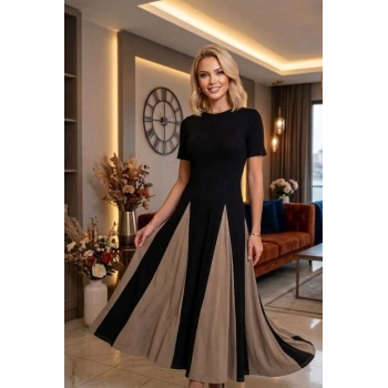 Kadın Eteği Parçalı Kısa Kol Maxi Elbise