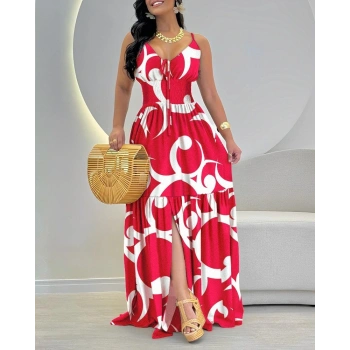 Kadın Ip Askılı Dekolteli Bağcıklı Yırtmaçlı Desenli Süprem Elbise