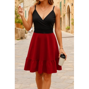 Kadın Ip Askılı Kruvaze Yaka Bel Dantel Ithal Krep Elbise