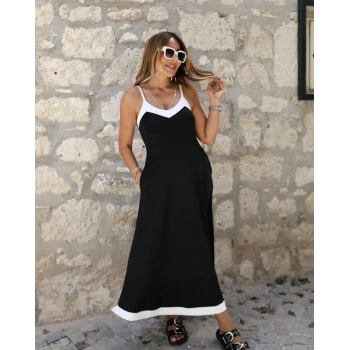 Kadın Ip Askılı V Yakalı çift Renkli Janjan Krep Elbise