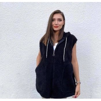 Kadın Kapüşon Ve Fermuar Detay Welsoft Kolsuz Yelek