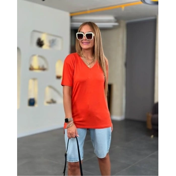Kadın Kısa Kollu V Yaka Bluz