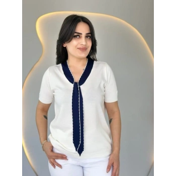 Kadın Kısa Kollu V Yaka Fular Detay Merserize Triko Bbluz