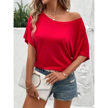 Kadın Tek Omuzu Açık Kısa Kollu Salaş Viskon Bluz