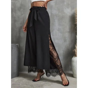Kadın Yüksek Bel Belden Kuşaklı üst Dalgıç Alt Dantel Detaylı Dalgıç Pantolon