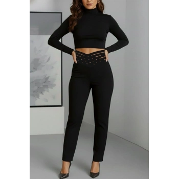 Kadın Yüksek Bel çapraz şerit Detaylı Ithal Krep Pantolon