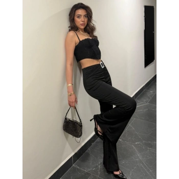 Kadın Yüksek Bel Tokalı Ispanyol Paçalı Dalgıç Pantolon