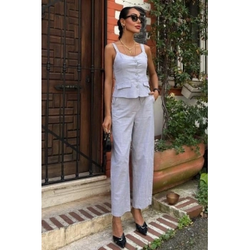 Kalın Askılı Bluz Pantolon Keten Takım 10187