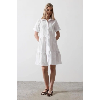 Kısa Kol Düğmeli Elbise - Beyaz