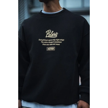 Kışlık Bisiklet Yaka Ön Ve Arka Baskılı SweatShirt - Siyah