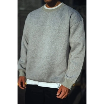 Kışlık Bisiklet Yaka Üç İplik Basic SweatShirt - Gri
