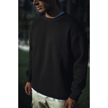 Kışlık Bisiklet Yaka Üç İplik Basic SweatShirt - Siyah