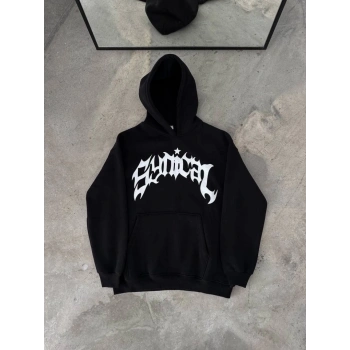 Kışlık Kapşonlu Baskılı Oversize SweatShirt- Siyah