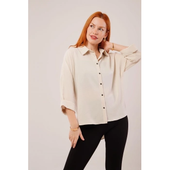 Kol Katlama Detaylı Bej Gömlek
