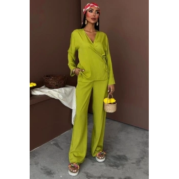 Kruvaze Model Klasik Pantolonlu Çupra Keten Takım 10191