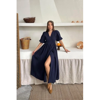 Lacivert Müslin Uzun Elbise
