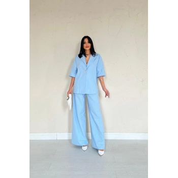 Mavi Önü Tek Düğmeli Ceket Pantolon Takım