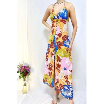 Mavi Sırt Dekolteli Keten Elbise