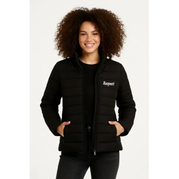 Mikro Su İtici Kapitone Baskılı Astarlı Fermuarlı Bomber Mont - Siyah