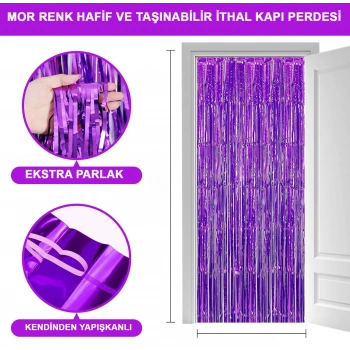 Ekstra Metalize Saçaklı Arka Fon Perde Mor