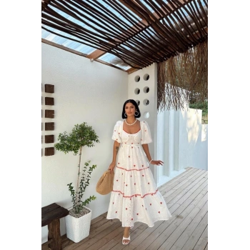 Nar Çiçeği Dantel Detaylı Brode Elbise