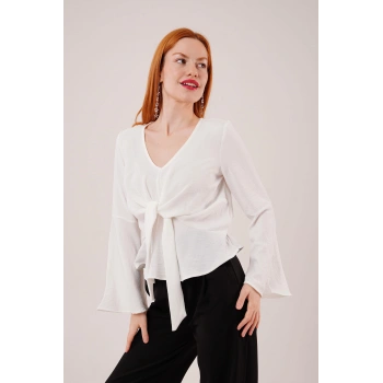 Ön Bağlamalı Volan Kol Beyaz Bluz