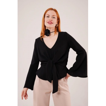 Ön Bağlamalı Volan Kol Siyah Bluz