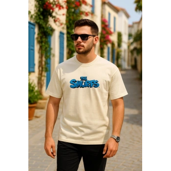 Ön Ve Arka Baskılı Oversize Bisiklet Yaka T-shirt- Beyaz