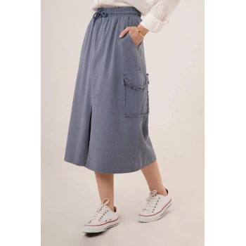 Ön Yırtmaçlı Cep Detaylı İndigo Etek