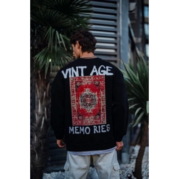 Oversize Bisiklet Yaka Üç İplik Baskılı SweatShirt - Siyah