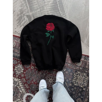 Oversize Üç İplik Bisiklet Yaka Baskılı SweatShirt - Siyah