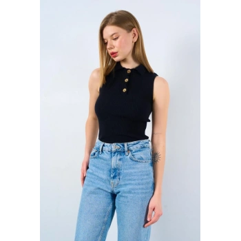 Patlı Düğmeli Triko Atlet - Siyah