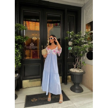 RENKLİ NAKIŞ DESENLİ ELBİSE - Mavi