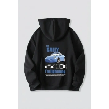 Sevgililer Günü Özel Kapüşonlu Araba Baskılı Oversize Sweatshirt - Siyah