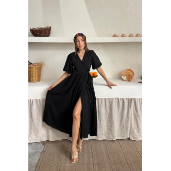 Siyah Müslin Uzun Elbise