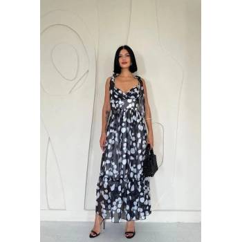 Siyah Şifon Drapeli Elbise