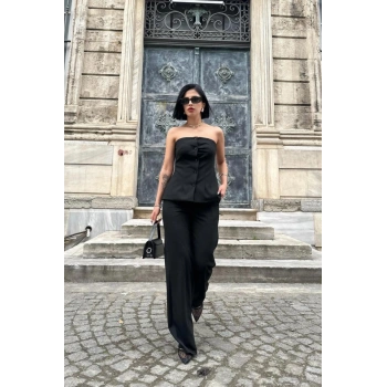 Siyah Straplez Düğmeli Crop Ve Pantolon Takım