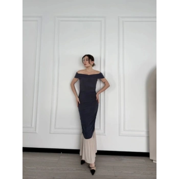 Striptiz Omuzlu Uzun Elbise- Füme