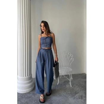 TENCEL CROP ASKILI BLUZ - ŞALVAR PANTOLON TK - İndigo