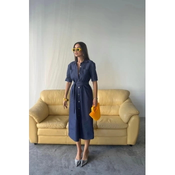 TENCEL ÖNDEN DÜĞMELİ KISA KOL ELBİSE - Mavi