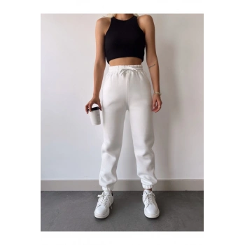Üç İplik Basic Lastikli Eşofman Pantolon - Beyaz