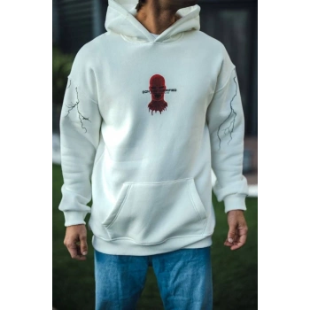 Üç İplik Kapşonlu Baskılı Oversize SweatShirt- Beyaz