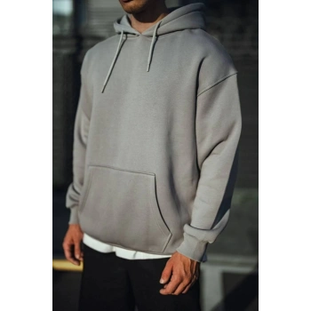 Üç İplik Penye Kapşonlu Basic SweatShirt - Boyalı Gri