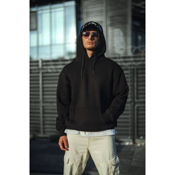 Üç İplik Penye Kapşonlu Basic SweatShirt - Siyah
