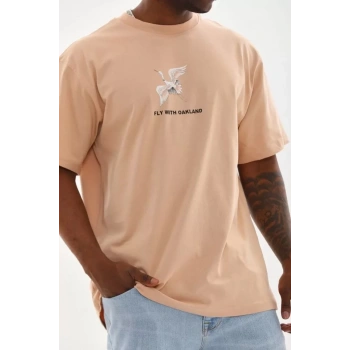 Unisex Baskılı Oversize T-Shirt - Bej