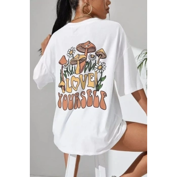 Unisex Baskılı Oversize T-Shirt - Beyaz